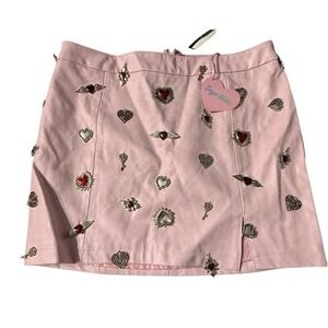 SUGAR THRILLZ Pink faux leather metal Heart charm Embellished Skirt size large